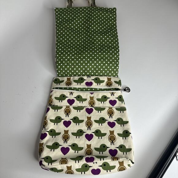 Bungalow 360 Birds Hearts Cream Canvas Crossbody Messenger Bag Multi Pockets - Picture 8 of 16